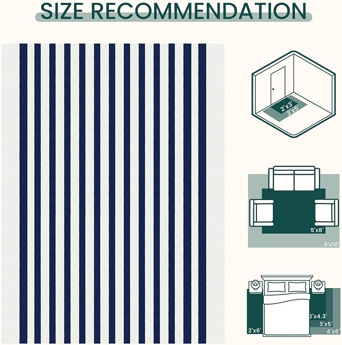 KOZYFLY 4x6 Blue and White Striped Rug Front Door Rug Woven Layered Washable Indoor Outdoor Rugs for Front Porch Kitchen Patio Farmhouse Independence Day Decor