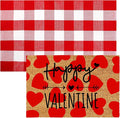 Moucuny 2 Pcs Valentine's Day Coir Welcome Doormat Valentine's Day Rug Outdoor Layered Buffalo Plaid Red and White Mat Red Heart Mat for Front Porch Outdoor Entryway
