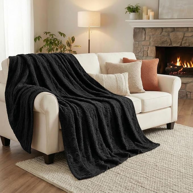 Superior Fleece Boho Jacquard Blanket, Decorative Blankets for Bedroom, Sofa, Fuzzy, Plush, Fluffy, Soft, Cute Room Decor, Beautiful Cover, Comfort Essentials, Arctic Collection, Throw, Black