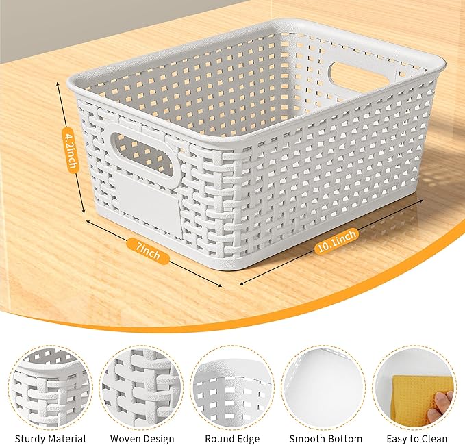 8 Pack Plastic Storage Baskets,White Stackable Storage Bins | 5.3qt Storage Containers with Labels for Organizing Shelves Drawers Desktop Closet Playroom Classroom Office
