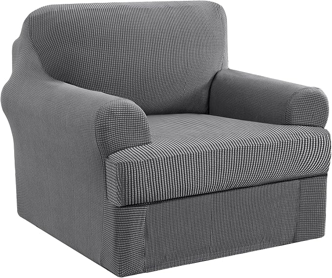H.VERSAILTEX Stretch Armchair Cover 2 Piece Chair Covers for Living Room Furniture Cover Suit for T Cushion/Box Cushion Spandex Jacquard Fabric Small Checks(Armchair-Oversized, Charcoal Gray)