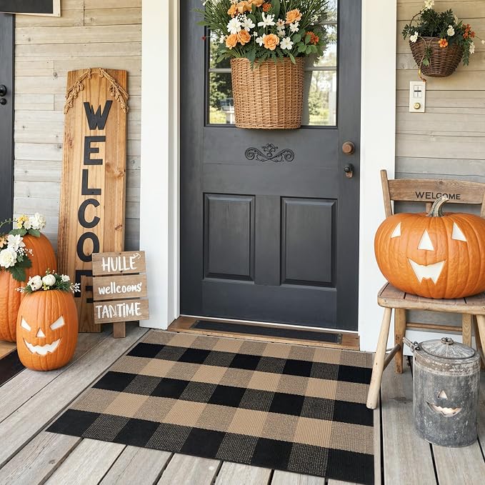 KIMODE Front Door Mat 24"x35",Black and Tan Checkered Small Outdoor Rug,Farmhouse Fall Front Porch Rug Decor,Cotton Woven Washable Layered Doormats for Front Door Outside Entrance Kitchen