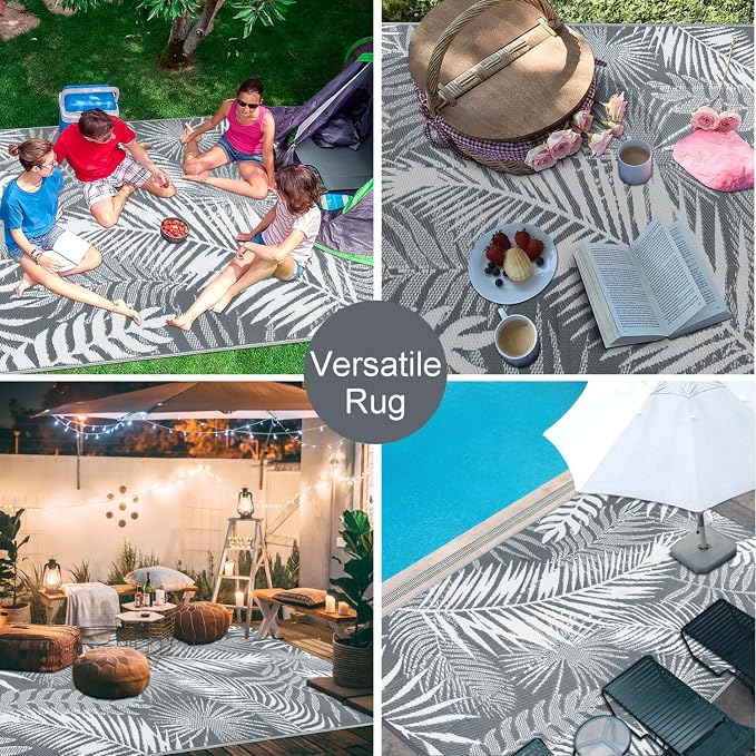 Outdoor Reversible Plastic Straw Rug, 9'x12', Cool Gray, Large Patio Mat for RV, Backyard, Deck, Picnic, Beach, Trailer, Camping