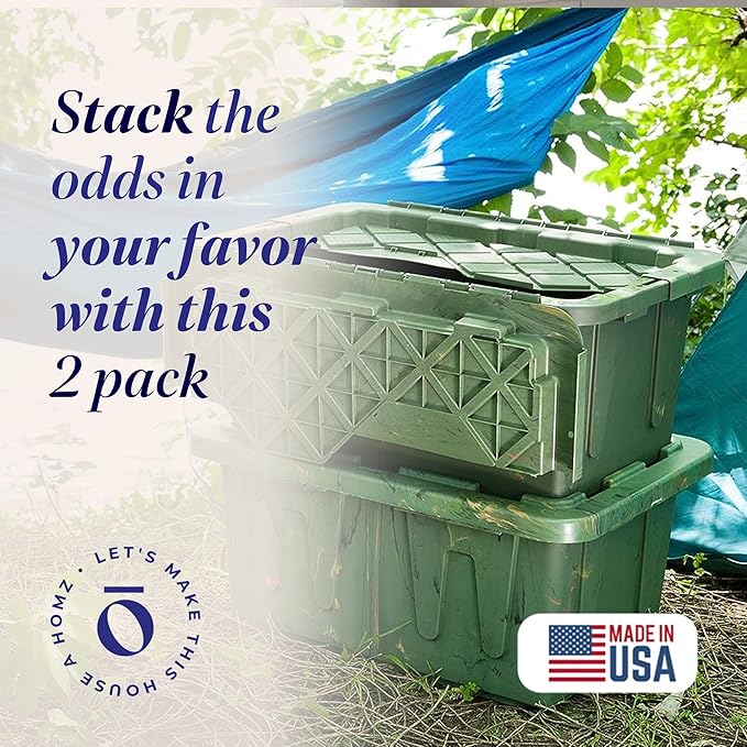 HOMZ 15 Gallon Storage Tough Tote, Camo Green, 2 Pack