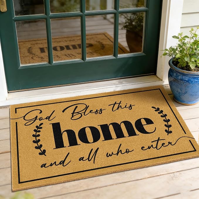 Coir Door Mat Welcome Mats for Front Door Outside Entrance Doormats with Heavy Duty Backing God Bless Matt for Religious Gifts Anti-Slip Christian Rug for Porch Home Outdoor Decoration 16.9"x29.9"