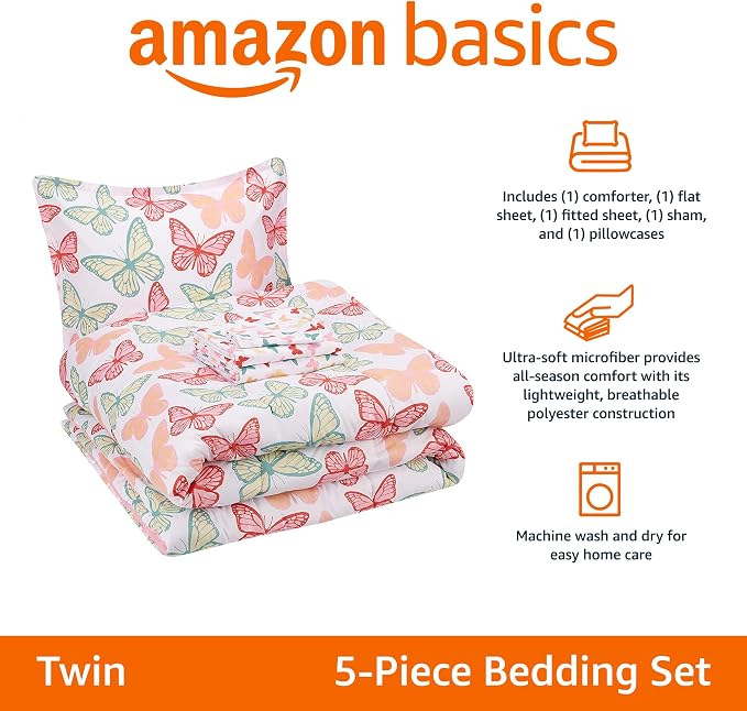 Amazon Basics 5-Piece Soft Microfiber Kid's Bed-in-a-Bag Bedding Set with Comforter, Sheets, Sham and Pillowcase, Twin, Butterfly Friends