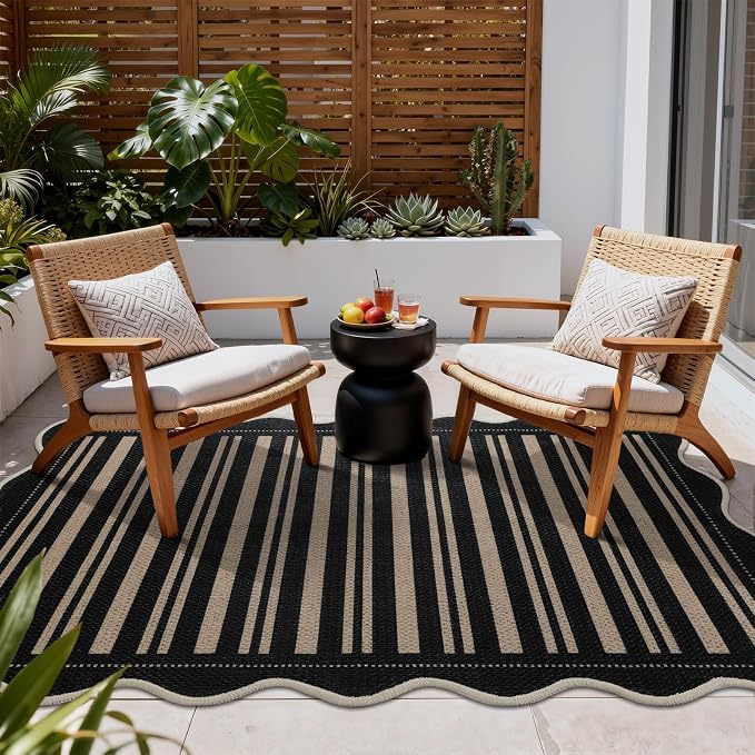 EDIMENS Scalloped Outdoor Rug 3x5 Jute Front Porch Patio Entry Entryway Rug | Striped Front Door Mat Small Non-Slip Washable Area Rug Carpet Low Pile Black Indoor Farmhouse Doormat for Entrance Doorway