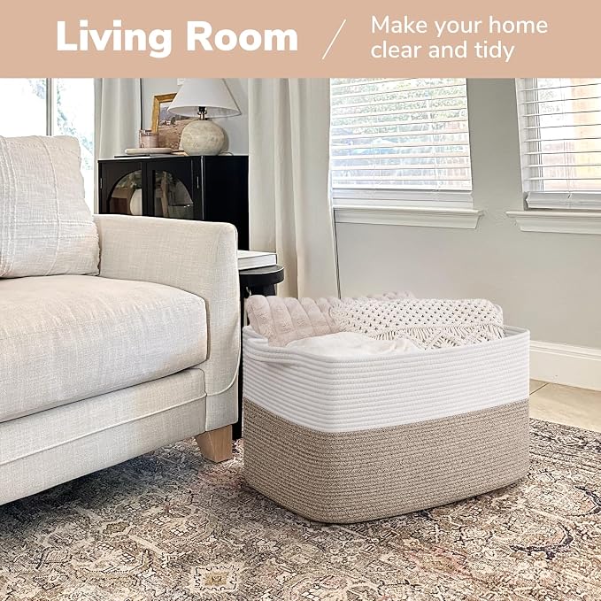 Goodpick 75L Extra Large Woven Storage Basket, 22" x 17" x 12", Light Brown | Rectangle Cotton Rope Basket, Blankets, Pillows & Toys Storage, Living Room & Bedroom Organization, Natural Home Decor