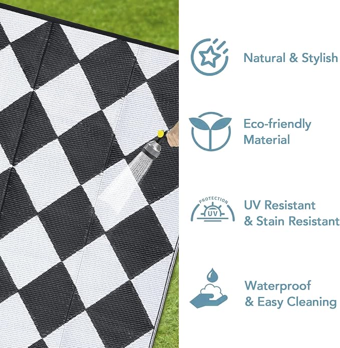 GarveeLife 8x10 Outdoor Rug for Patio Reversible, Plastic Straw Rug Waterproof Camping Rug Portable, Foldable Lightweight Mat for RV, Patio, Backyard, Deck, Picnic, Beach, Balcony (Black/White)