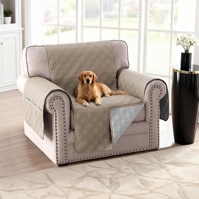 H.VERSAILTEX 100% Waterproof Couch Cover for Dogs Washable Triple Non-Slip Armchair Slipcover Thick Durable Sofa Protector with Storage Pocket (Chair, Taupe)