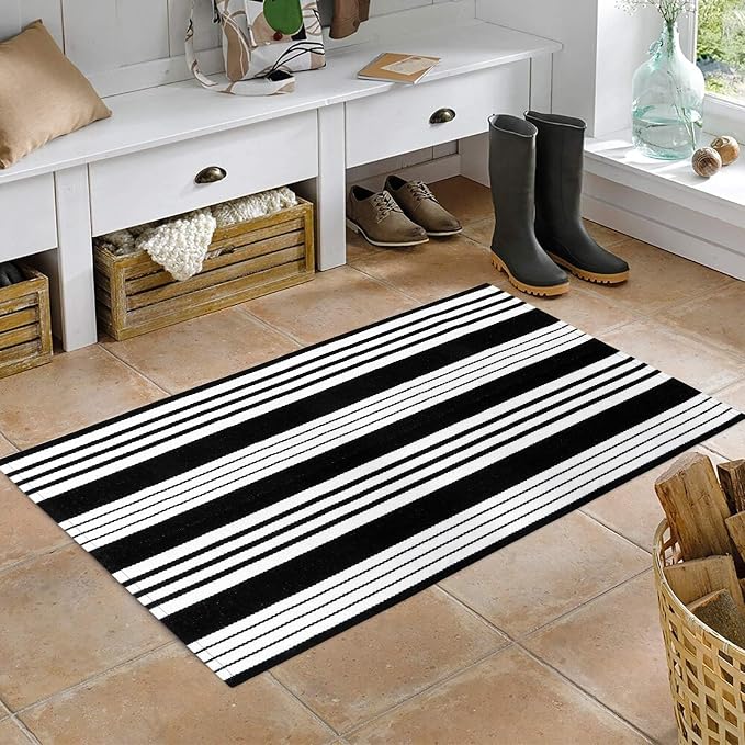 OJIA Black and White Striped Outdoor Rug 24"x51" Front Door Mat Porch Rugs | Washable Fall Front Door Mat Outside Entrance Entry Rug Doormat Outside Cotton Woven Indoor Area Rugs for Entryway Decor