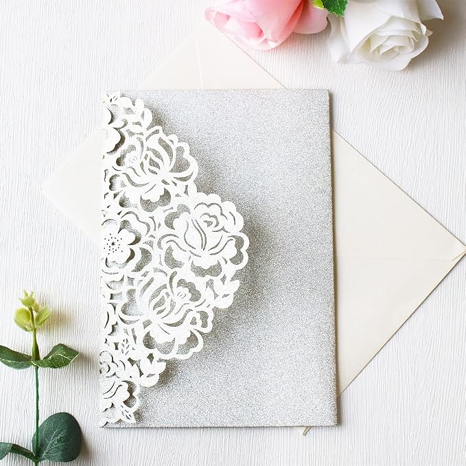 50PCS Customized Silver Laser Cut Quinceanera Invitation kit 5x7.3 Inch Hollow Rose Floral Quinceanera Invitation Cards with Envelopes for Quinceañera Birthday Invite