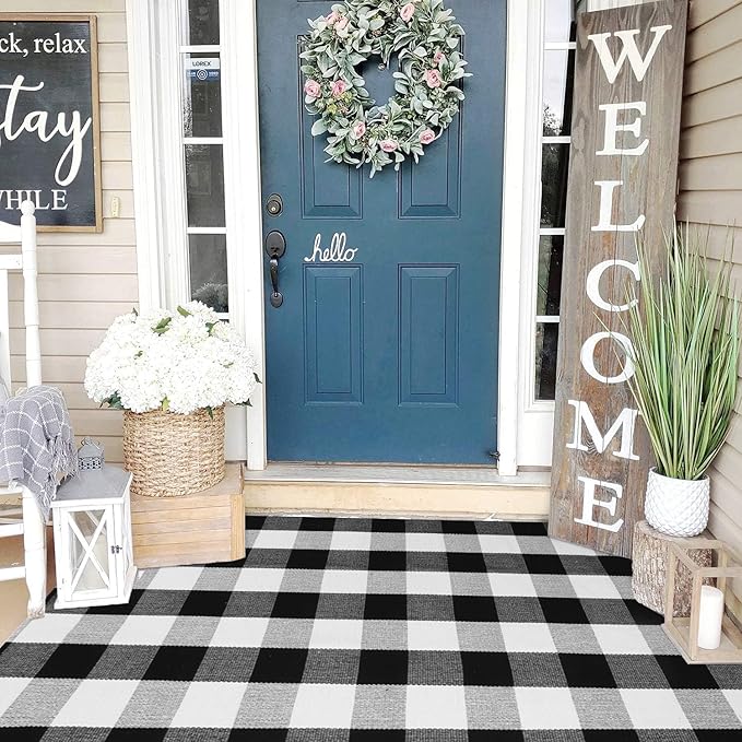 KIMODE Buffalo Plaid Outdoor Rug 3x5, Farmhouse Cotton Front Door Mat, Washable Black and White Checkered Rug Spring Outdoor Decor for Welcome Layered Door Mat Front Porch Entryway Kitchen