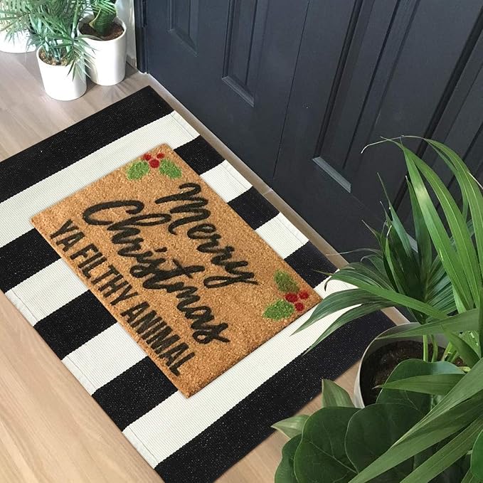 LEEVAN Black and White Striped Rug 2x3 Washable Welcome Go Away Door Mat | Cotton Woven Front Porch Rugs, Layered Door Mats Outdoor Door Mats, Farmhouse Doormat Door Mat Indoor Entrance Halloween Rug