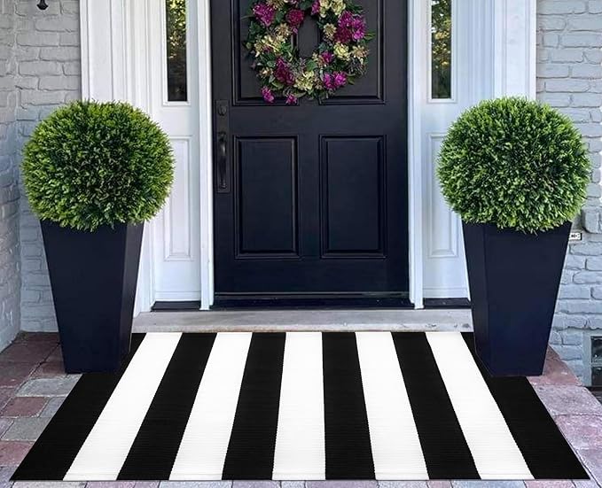 Washable Proch Rug Soft Entryway Rug 2.3'X3.6', Cotton Woven Bathroom Rugs Front Porch Decor Black and White Area Rug Outdoor Rug
