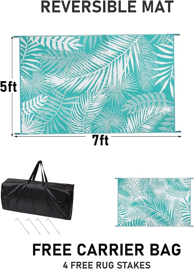 Outdoor Rug 5x7 ft, Reversible Waterproof Plastic Straw Patio Rugs, RV Mat for Outside Quick Dry Carpet for Deck Porch Poolside Beach Camper Backyard