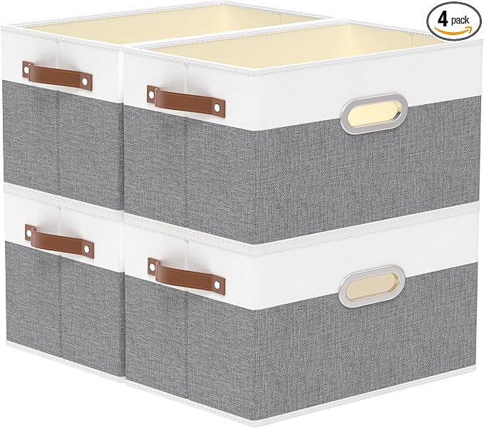 Yawinhe Collapsible Fabric Storage Bins,16.9x11.8x10.2in,White/Grey,4-Pack | Foldable Storage Baskets for Shelves, Closet Boxes for Organization, Washable Closet Organizer for Towels, Canvas Bins