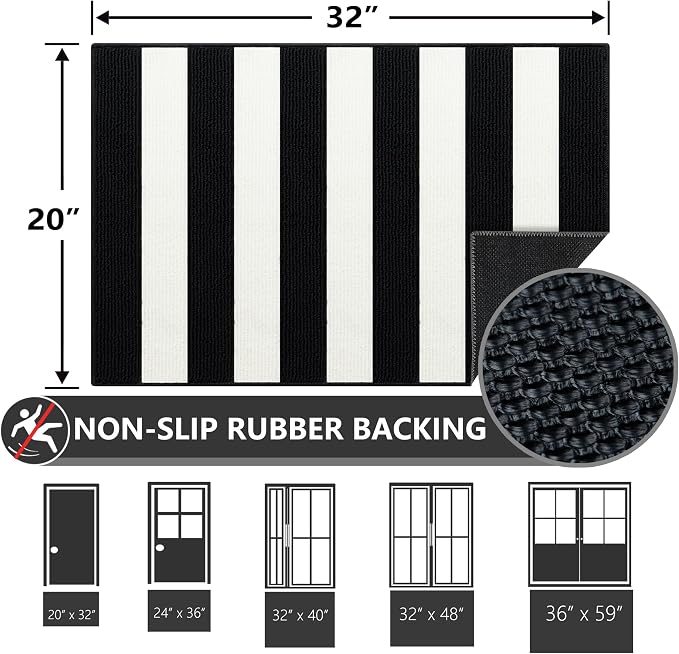 FONEYI Black and White Striped Rug, 20"x32" Front Door Mat Indoor Outdoor Rugs Washable, Non Slip Absorbent Striped Layered Doormats, Fall Door Mats for Front Porch/Kitchen/Farmhouse/Entryway/Patio