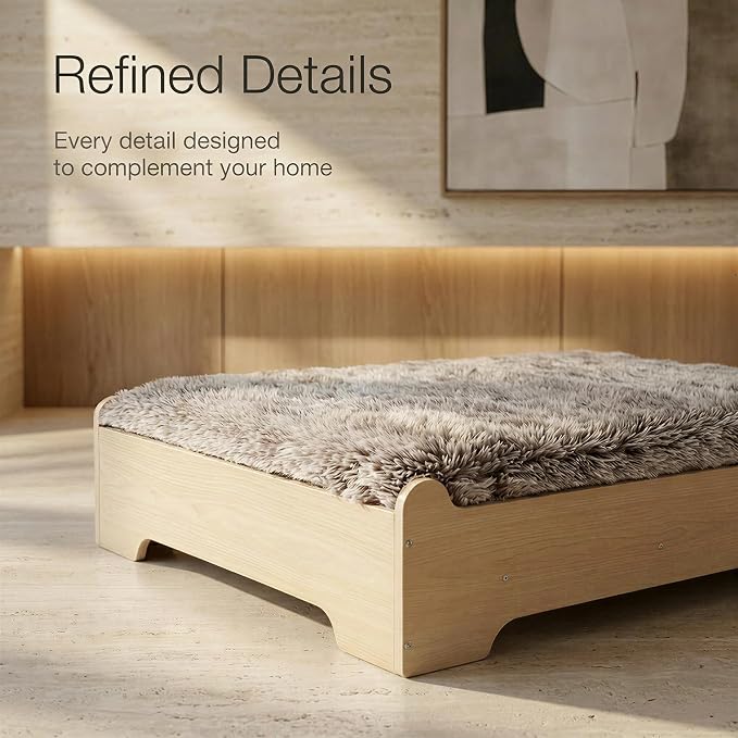 Elevated Wooden Dog Bed with Foam Mattress, Natural Wood, Small | Raised Dog Bed with Washable Cover and Supportive Foam Mattress, Crafted for Small Dogs and Modern Homes