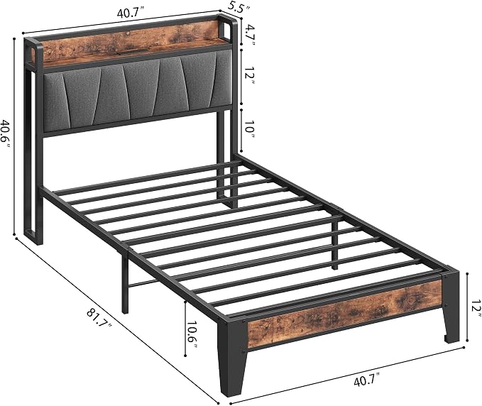 LIKIMIO Twin Bed Frames, Storage Headboard with Charging Station, Solid and Stable, Noise Free, No Box Spring Needed, Easy Assembly