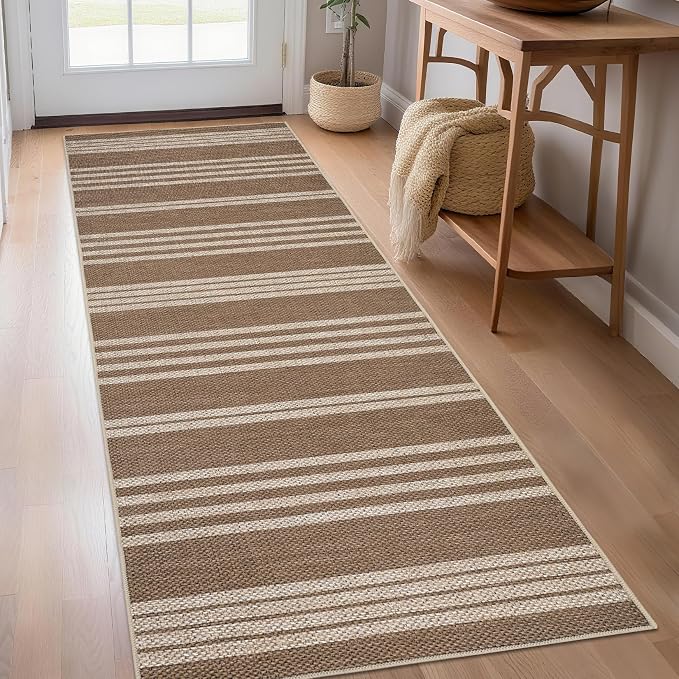 COZYLOOM Runner Rug 2x6 Kitchen Rugs Non Slip Washable Modern Striped Jute Rugs for Entryway, Stain Resistant Foldable Outdoor Indoor Area Rug for Bathroom Hallway, White/Coffee