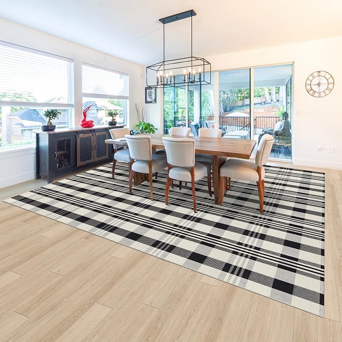 Buffalo Plaid Rug 8x10 Feet Cotton Woven Buffalo Check Area Rug Black and Off White Checkered Outdoor Washable Indoor Outdoor Carpets for Living Room Bedroom Farmhouse Patio