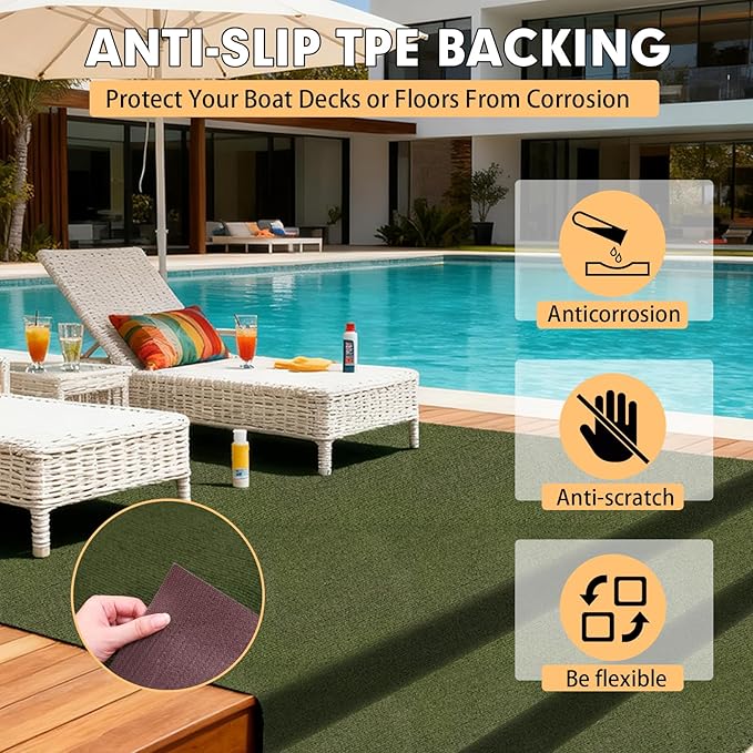 Grefinity Marine Carpet,6 FT x 14 FT Olive Green Indoor Outdoor Carpet 0.2" Thick Boat Rug with Water-Proof TPE Backing for Home, Patio, Porch, Deck