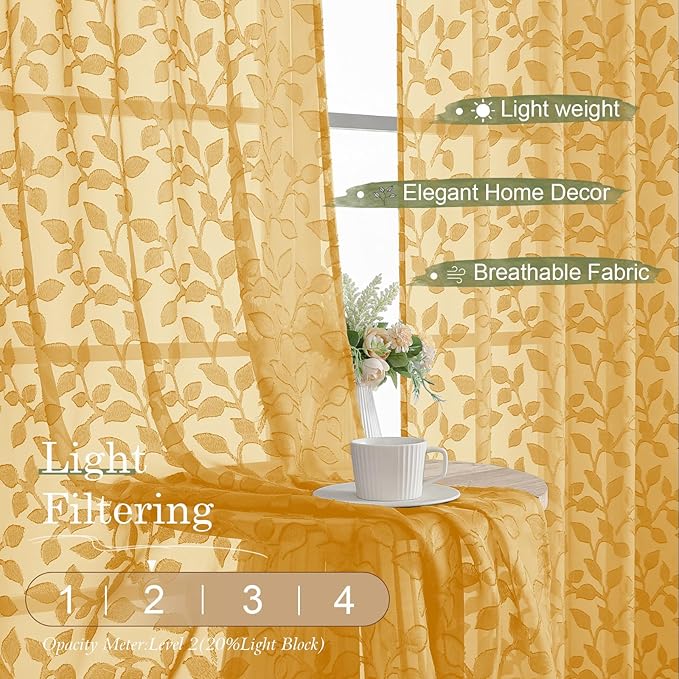 Chyhomenyc Gold Sheer Curtains 90 Inch Length 2 Panels Set, Light Filtering - Image 3