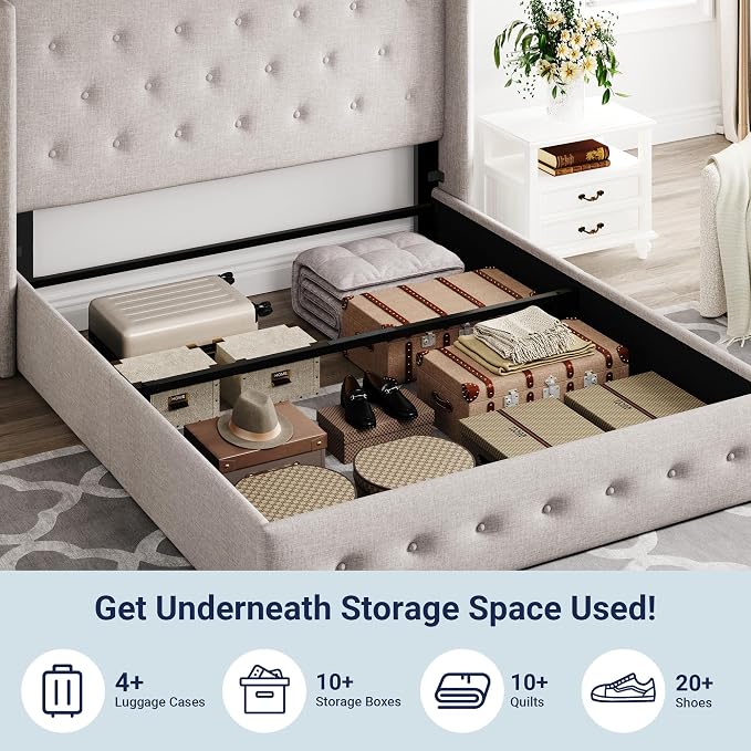 Allewie Queen Size Lift Up Storage Button-Tufted Bed Frame Light Beige | Modern Wingback Headboard, Hydraulic Support Storage, No Box Spring Needed