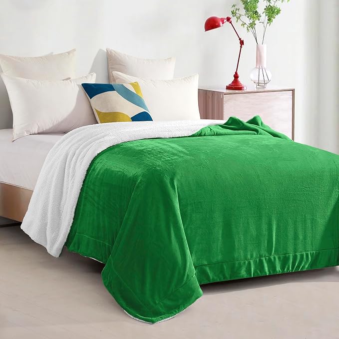 Elegant Comfort Ultra Soft Reversible Flannel Sherpa Blanket - Cozy Silky Fleece Throw for Couch, Bed - Plush Fuzzy Warm Winter Blanket for Gift, Twin, Emerald Green