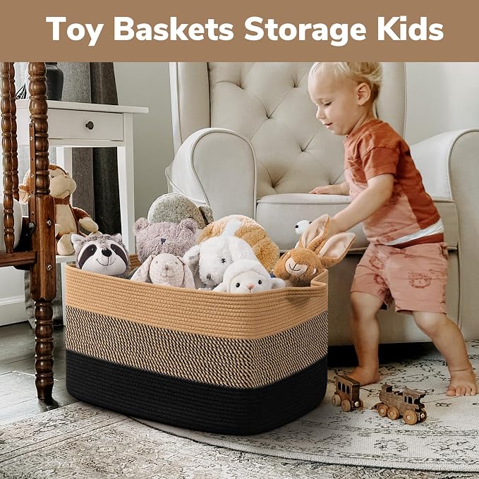 Goodpick 75L Extra Large Blanket Basket, 22" x 17" x 12", Black & Jute | Decorative Storage Basket for Blankets, Pillows & Toys, Living Room & Bedroom Organization, Built-In Woven Handles