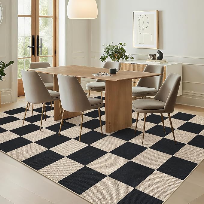 GarveeHome Checkered Easy Jute 5x7 Area Rugs for Living Room Machine Washable Non-Slip Backing Stain Resistant Modern Indoor Outdoor Rugs for Farmhouse Dining Room Patio Black
