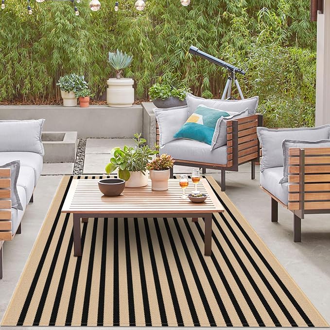 IOHOUZE Striped Area Rug 5'x7' Indoor Outdoor Rug, Washable Area Rug for Living Room, Large Patio Rug, Cotton Striped Rugs for Patio Living Room Bedroom, Tan/Black