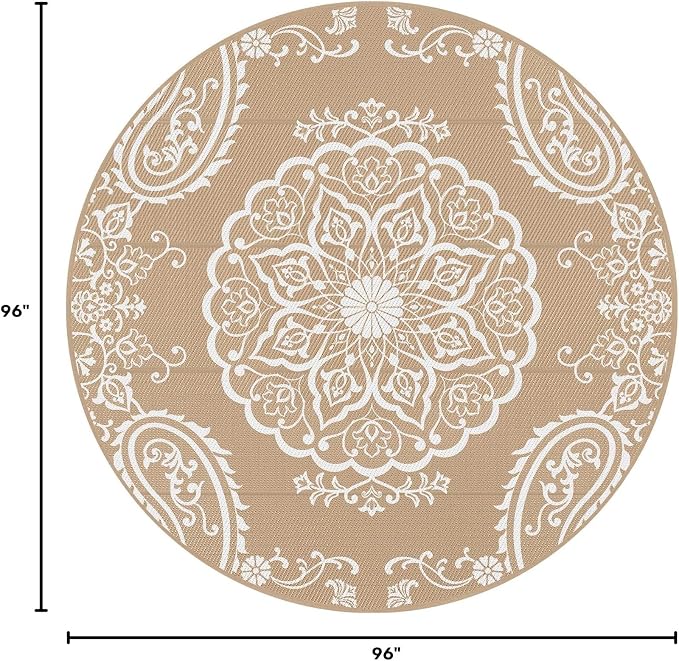 Pauwer Outdoor Rug 8ft, Waterproof Plastic Straw Camping Rug, Boho Brown | Reversible Patio Rug, UV Resistant Indoor Outdoor RV Mat Carpet For Deck, Camper, Porch, Balcony, Backyard, Picnic, Foldable