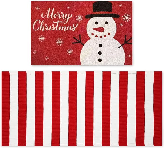 2 Pcs Outdoor Door Mat Combo Set Layered Outdoor Rug and Coir Welcome Doormat Non Slip Outside Floor Mat for Front Porch Entryway Patio Yard Decor(Snowman,24'' X 51',18'' X 28'')