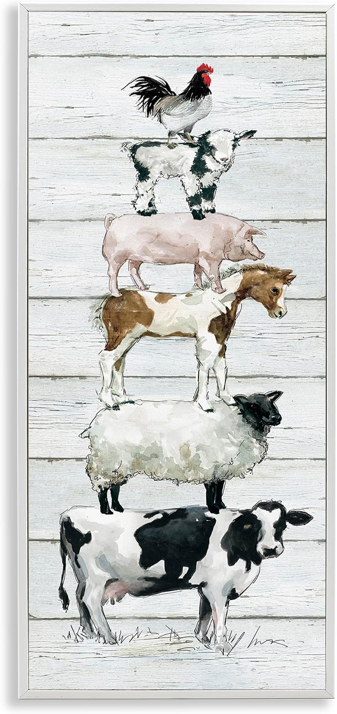 Stupell Industries 'Country Farm Animal Stack', Framed Giclee Art, White, 10 x 24 Inches, Easy to Hang and Sturdy, Made in USA, by Carol Robinson