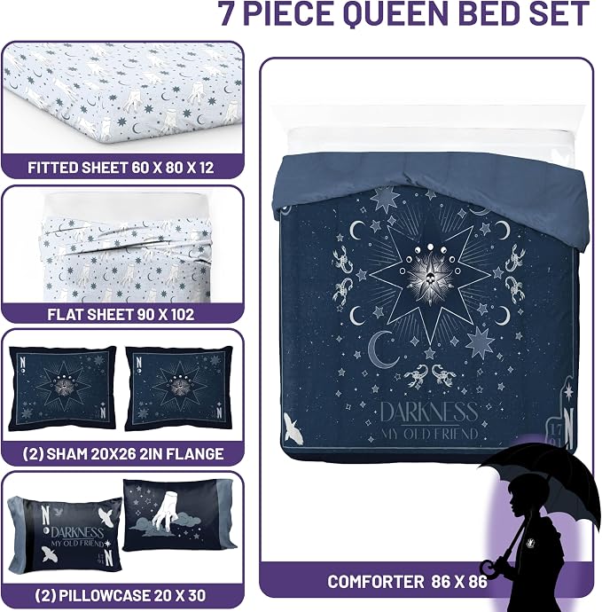 Wednesday Addams Queen Comforter Set 7 Piece Bedding for Girls, Blue | Bed in a Bag, Comforter Sheets Shams Pillowcases, Official Product, Soft Microfiber, Machine Washable, Girls Gift