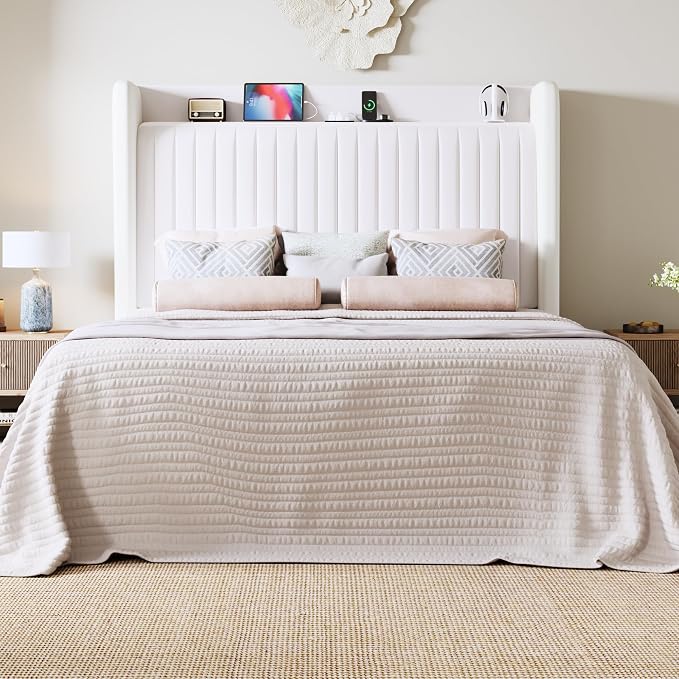Allewie Full Size Platform Bed Frame with USB Charging Station and Storage Shelf/Upholstered Velvet Wingback Headboard/Wooden Slats Support/No Box Spring Needed/Easy Assembly, White