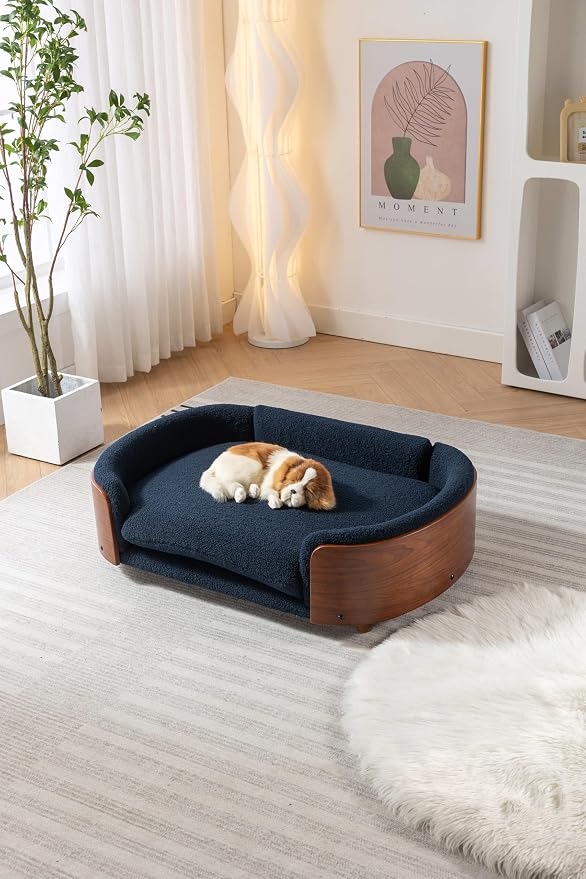 Scandinavian Style Elevated Dog Bed Pet Sofa with Solid Wood Legs and Bent Wood Back, Velvet Cushion, Large Size, Walnut Frame & Dark Blue Cushion