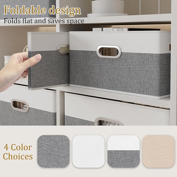 Yawinhe Collapsible Fabric Storage Bins,15.0x9.8x8.3in,White/Grey,6-Pack | Foldable Storage Baskets for Shelves, Closet Boxes for Organization, Washable Closet Organizer for Towels, Canvas Bins