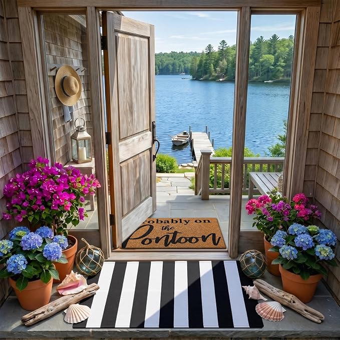 Moucuny 2 Pcs Probably on The Pontoon Coir Doormat Set 16'' x 28 '' Lake House Welcome Mats 24'' x 35'' Black White Striped Layered Rugs for Pontoon Boat Front Door Porch Entryway Decor