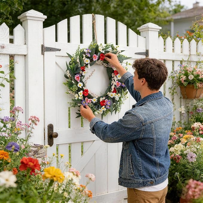 Garvee 20 Inch Artificial Spring Flower Wreath for Front Door | Colorful Floral Door Wreath with Eucalyptus Leaves, Daisies, and Mixed Blooms for Indoor Outdoor Porch Wall Window Home Decor