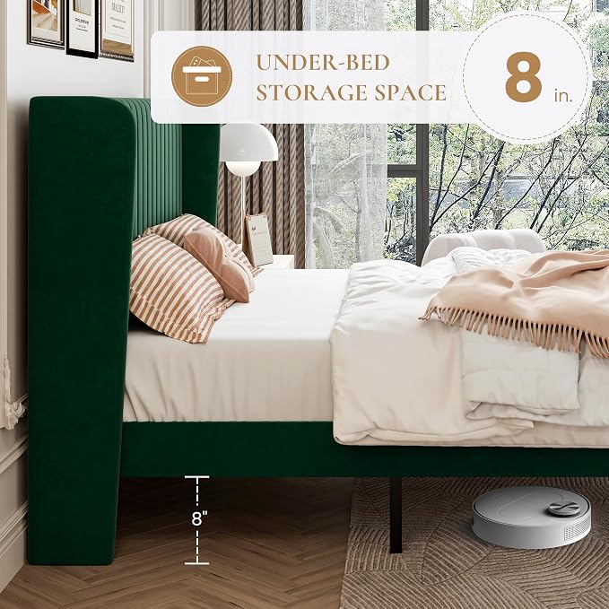 SHA CERLIN King Size Velvet Bed Frame, Tufted Wingback Headboard, Green | 47'' Modern Vertical Channel Headboard, Upholstered Platform Bed, Wood Slats, No Box Spring Needed, Easy Assembly, Noise Free
