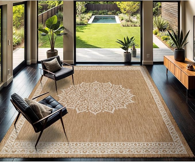 CAMILSON Outdoor Rug 8x10 Medallion Natural Modern Area Rugs for Indoor and Outdoor Patios Kitchen and Hallway Mats Washable Porch Deck Outside Carpet (Medallion Natural 8 x 10)