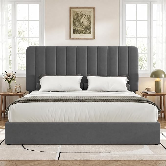 VECELO Full Size Upholstered Bed Frame with 4 Drawers and Headboard, Velvet Platform Storage Bedframe, Wooden Slats Support, No Box Spring Needed,Dark Grey