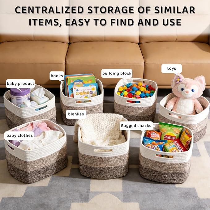 4 Pack Storage Baskets for Organizing, 11''Lx9''Wx8''H Woven Baskets for Storage Toys, Towels, Books, and Clothes, Cotton Rope Basket for Shelves with Handle