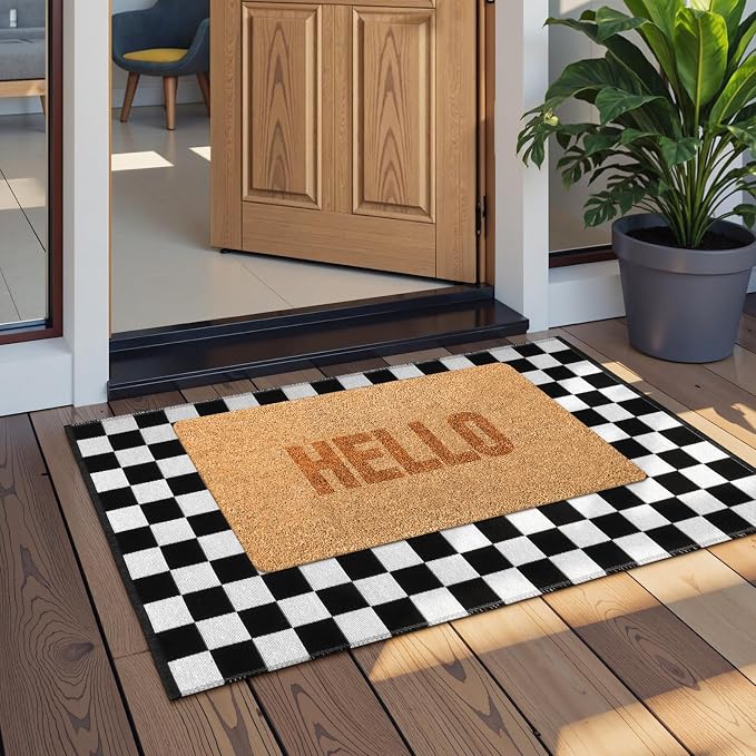 Seavish Checkerboard Rug, 2x3 Ft Black and White Checkered Outdoor Door Rug | Washable Cotton Woven Washable Outdoor Door Rugs, Reversible Floor Mat for Front Door Bedroom Entryway Kitchen