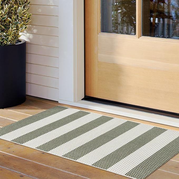 LEEVAN Door Mat Outdoor Entrance 2x3, Washable Striped Front Porch Rug, Green White and Tan Buffalo Welcome Mat, Spring Outside Entryway Rugs, Cotton Woven Indoor Outdoor Layered Doormats