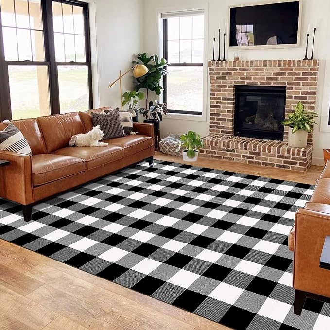 SEEKSEE Buffalo Plaid Rug 5' x 8' Black and White Area Rug, Washable Cotton Indoor Living Room Kitchen Dining Room Home Office Layering Rug Outdoor Patio Entryway Decor