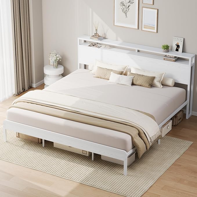 LIKIMIO King Size Bed Frame with 2-Tier Storage Shelf Headboard | Wood Platform Bed, Camas King with Strong Metal Supports, Sturdy, Noise-Free, No Box Spring Needed, White